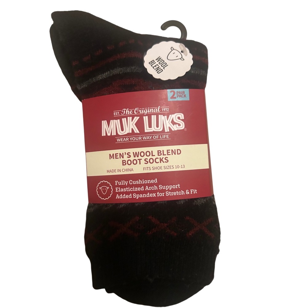 Muk‎ Luks Mens Wool Blend Boot Socks 2 Pair Pack Fits Shoe Size 10-13 Black Red